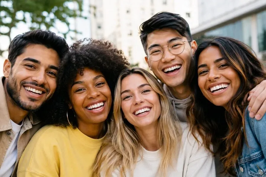 Grupo de amigos de distintos países sonriendo juntos